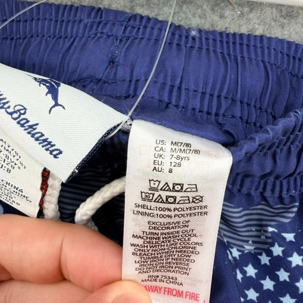 Tommy Bahama Boys M 7/8 American Flag Swim Trunks UPF 50 Red White Blue NWT